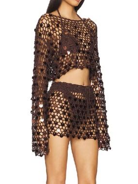 Superdown Coralie Skirt Set Brown Sequin Crochet Top & Mini Skirt L Festival